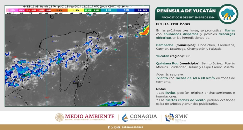 Estado del tiempo para hoy en Yucatán. Advertencia de lluvias.
