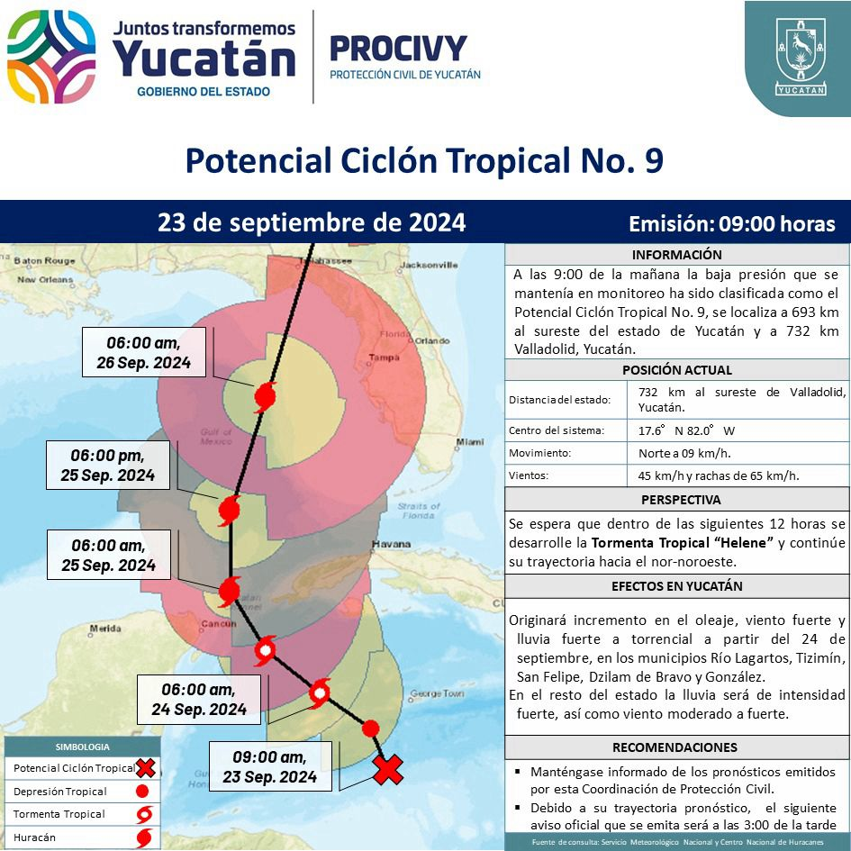 Estado del tiempo para Yucatán. Potencial ciclón tropical número 9.