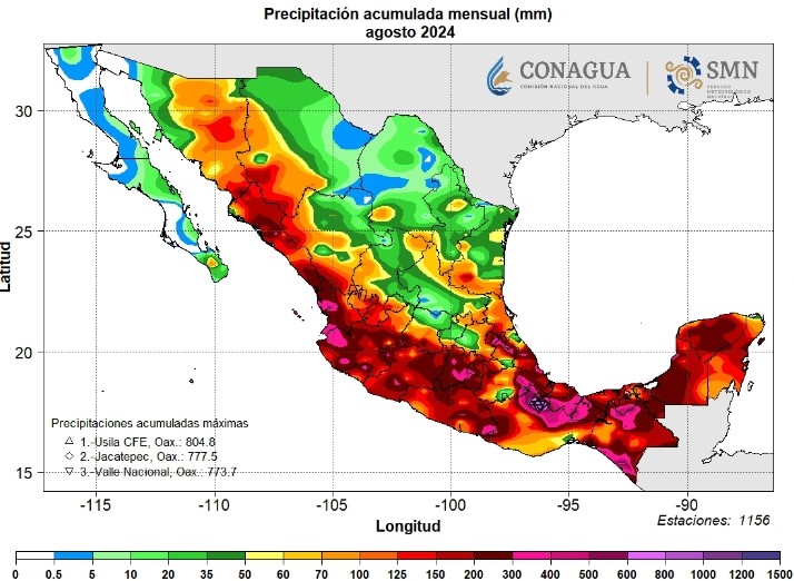 Las lluvias en Yucatán. Mapa de precipitaciones en México.