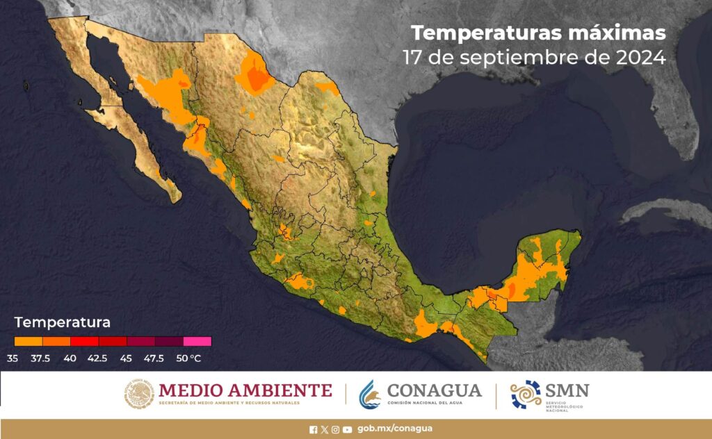 Estado del tiempo para hoy en Yucatán. Mapa de temperaturas máximas.