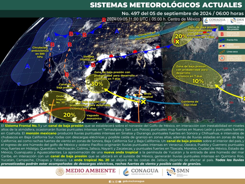 Pronóstico del tiempo en Yucatán, hoy jueves 5 de septiembre. Mapa nacional de fenómenos.