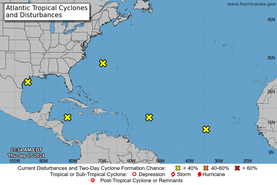 Pronóstico del tiempo en Yucatán para hoy jueves 5 de septiembre: 5 zonas de inestabilidad en el Atlántico.