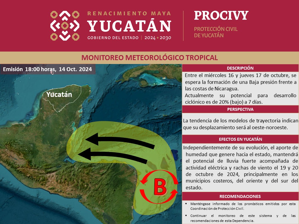 El tiempo en el estado de Yucatán. Vigilancia baja presión en el Caribe.
