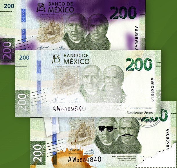 Billetes falsos en Yucatán. Varias denominaciones.