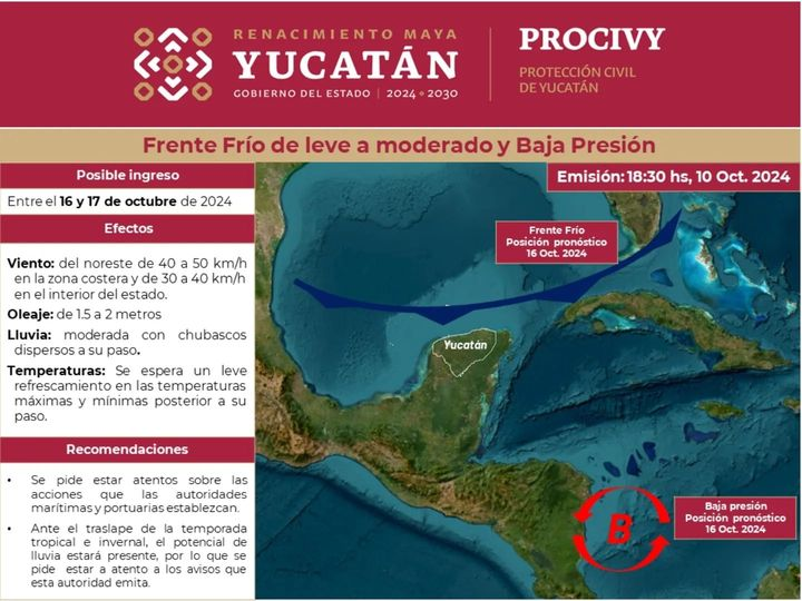 Frente frío en Yucatán. Pronóstico de Protección Civil.