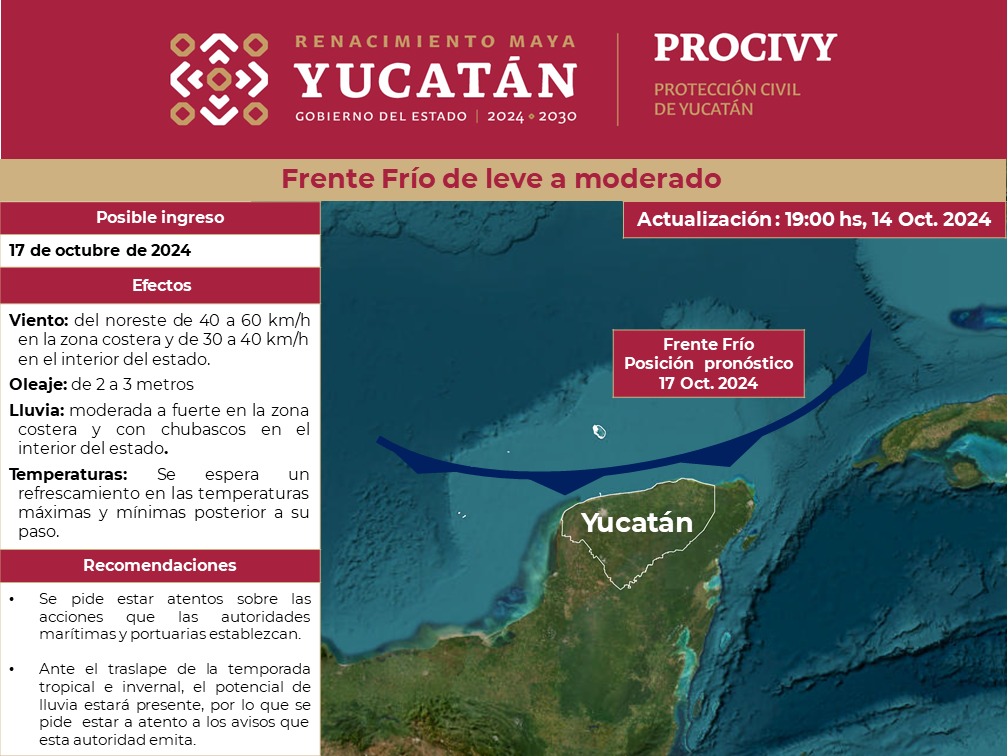 El tiempo en el estado de Yucatán. Pronóstico de un frente frío.