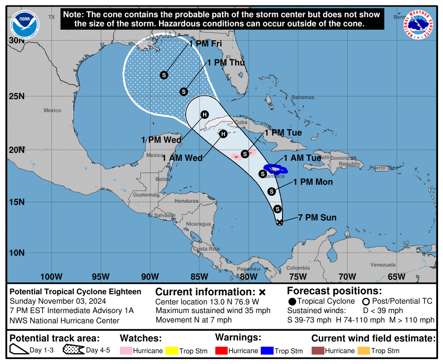 El estado del tiempo en Yucatán. Mapa de trayectoria potencial ciclón.